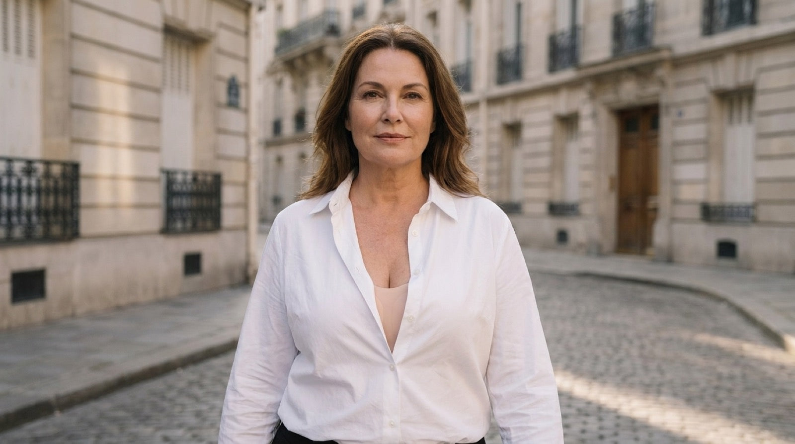 A woman in a plain white shirt on a Paris street