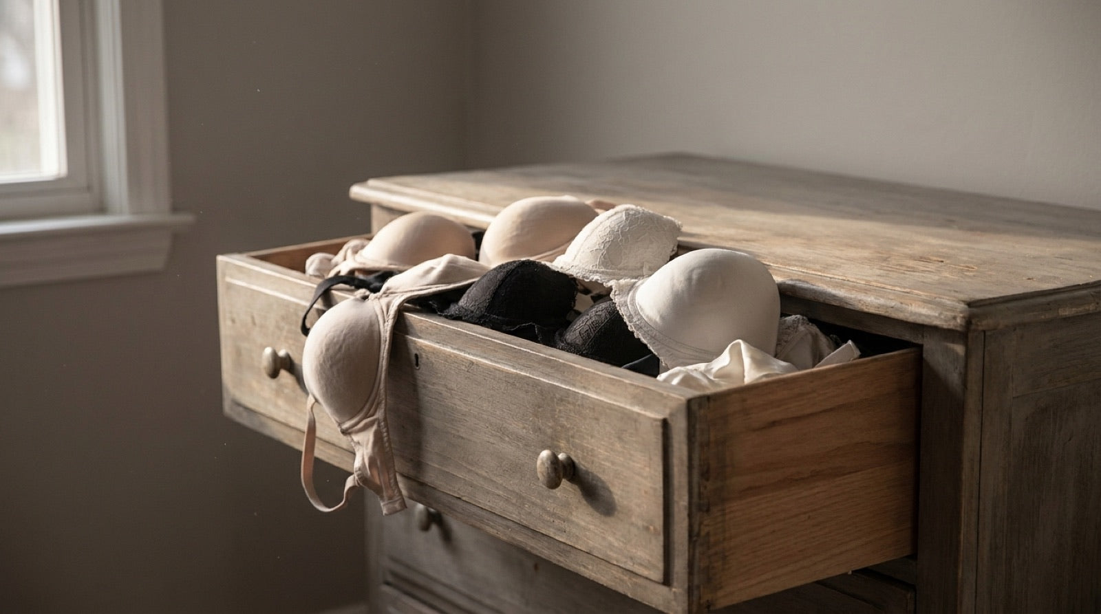 A drawer full of discarded strapless bras